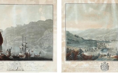 SOLD. Georg Haas (after C. A. Lorentzen): “Vue de Svinsund” and "La Vue de Drammen". Aquatints in colours. Visible size 37.5 x 45 cm each. (2). – Bruun Rasmussen Auctioneers of Fine Art