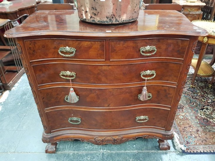 Georgian Style Burr Walnut & carved Serpentine Front Chest of Five Drawers, with carved fascia, apron & ball & claw feet