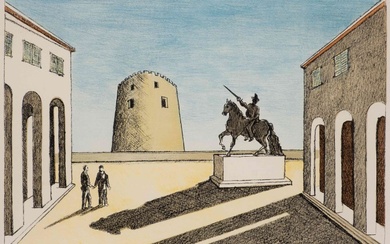 Giorgio de Chirico (1888-1978) , Piazza Italia con statua equestre, 1969
