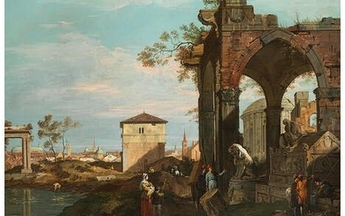 Giovanni Antonio Canal, genannt „Canaletto“‘, 1697 – 1768 Venedig, RUINENCAPRICCIO MIT RÖMISCH-ANTIKEN FIGUREN UND DENKMÄLERN SOWIE DER VEDUTE DER STADT PADUA