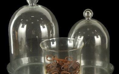 Glass Cloche Domes and Antique Skelton Church Keys in Hurricane Vase