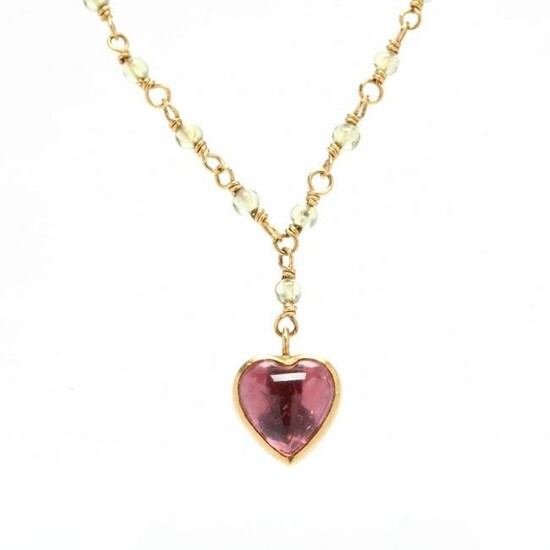 Gold, Pink Tourmaline and Green Stone Necklace