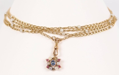 Gold chain (750) with alternating decoration of pearls and flower pendant (missing). L: 163 cm, Weight 38.4 gr