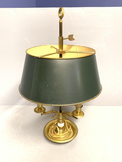 Good ormolu triple branch table lamp with green toleware sha...