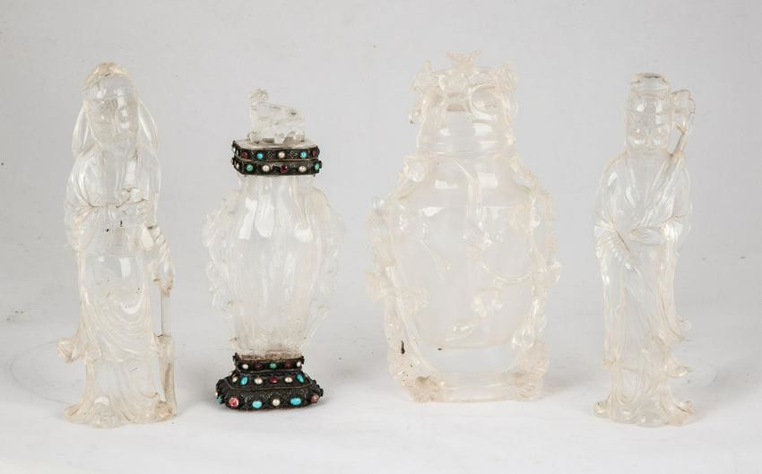 Group of Chinese Carved Rock Crystal Urns & Court