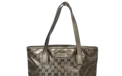 SOLD. Gucci: A bag made of metallic army green leather with silver toned hardware, two...