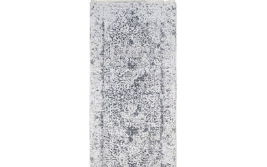 Hand Knotted Gray Erased Persian Design Wool and Pure Silk Runner Rug