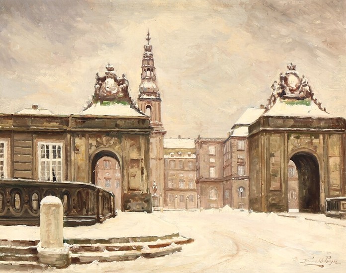Harald Pryn: A view towards the back of Christiansborg Castle, Copenhagen. Signed Harald Pryn. Oil on canvas. 33×42.