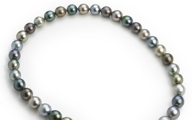 NOT SOLD. Hartmann's: A Tahiti pearl necklace with cultured peacock coloured Tahiti pearls with a...