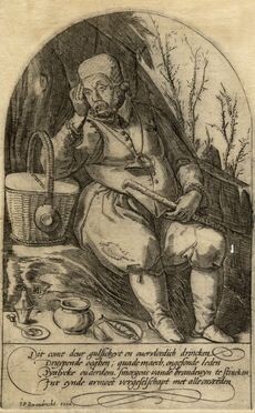 Hendrik Goltzius (Mhlbracht,, 1558 - Haarlem,, 1617) [da], Giovane bevitore sotto una pergola di vite/ Uomo seduto che si sorregge la testa, ai suoi piedi un piatto con un'aringa. 1590-1610.