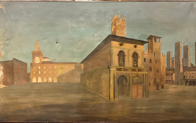 Ignoto del secolo XX "Veduta di Bologna" olio su tela (cm 116x200) (gravi difetti)