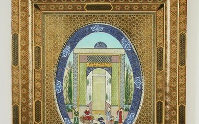 Indo-Persian style painting in a khatam frame, 25"h