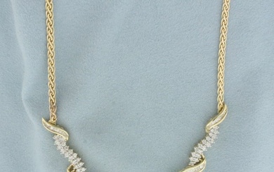 Italian Baguette and Round Diamond V Necklace in 14k Yellow Gold