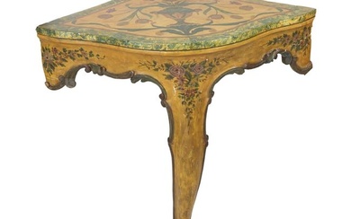 Italian Polychromed Corner Table,19th c., the shaped faux marble top with faux painted inlay of