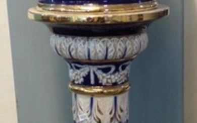 Italian ceramic blue and white jardiniere on stand, overall...