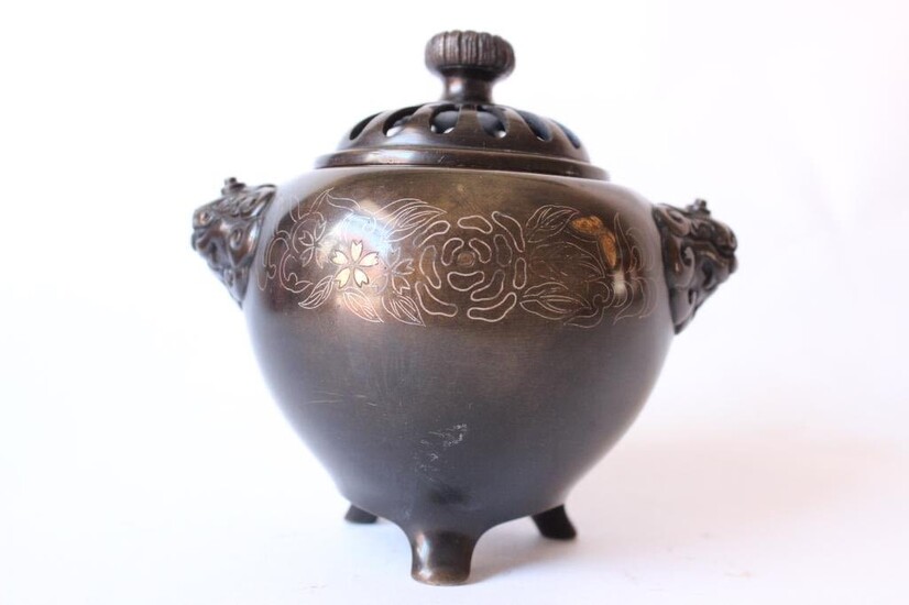 Japanese Bronze Footed Censer ,Silver Inlaid