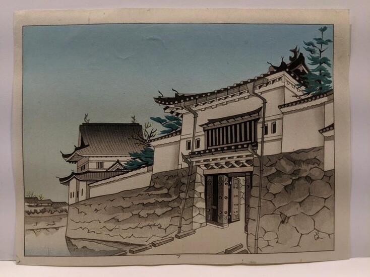 Japanese Woodblock Print of Hugashute Castle Gate