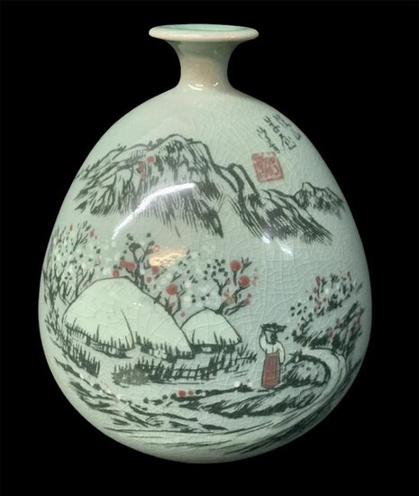 Korean Celadon Vase, Painted Landscape Signed