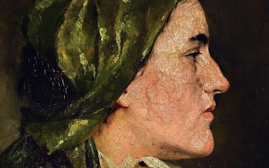 Kunz Meyer-Waldeck, 1859-1953, Portrait de profil d'une jeune femme avec foulard, huile/peinture à l'huile, signé...