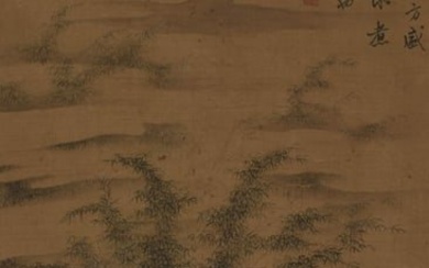 LANDSCAPE, INK AND COLOR ON SILK, HANGING SCROLL, WEN ZHENGMING