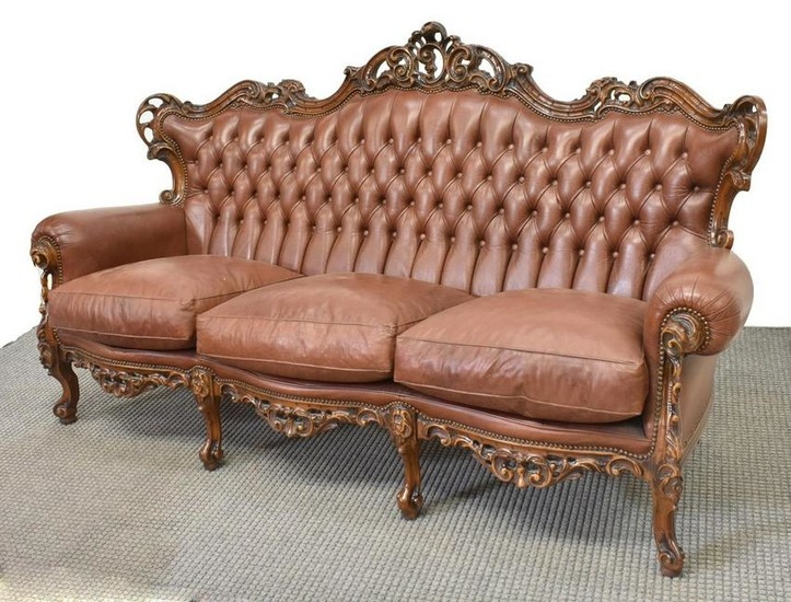 LOUIS XV STYLE CARVED LEATHER TUFTED SOFA