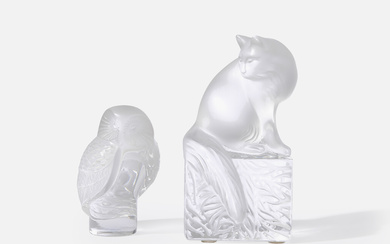 Lalique France : 2 sujets en verre (chouette et chat)