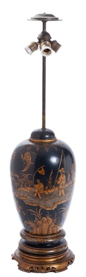 Lampe de table en céramique à fond bleu et décor "chinnoiserie" doré, 20e siècle Dommages...