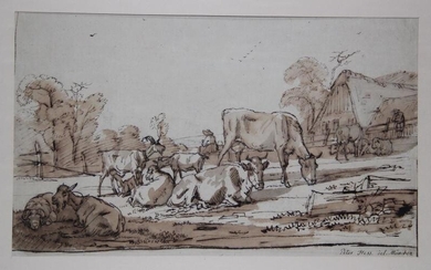Ländliche Szene mit Rindern und Ziegen auf der Weide vor einem Bauernhaus. Lavierte Bisterzeichnung auf Büttenpapier.