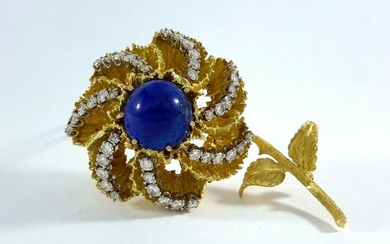 Lapis Lazuli w/ Diamonds Flower Brooch