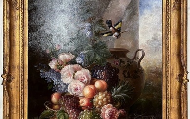 Large Vintage Painting Oil on Canvas with Fruit and Flowers Signed Schroter