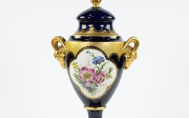 Lindner Kueps Bavaria cobalt blue and gilt porcelain vase with decoration of flowers and gilt rams heads