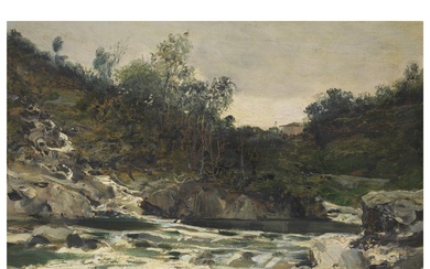 Lorenzo Delleani (Pollone 1840 - Torino 1908) RVER LANDSCAPE oil on canvas, 31x45 cm on...