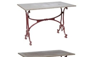 Lot of Five Parisian Style Marble and Cast Iron Bistro Tables, 20th c., H.- 29 in., W.- 39 3/8 in.