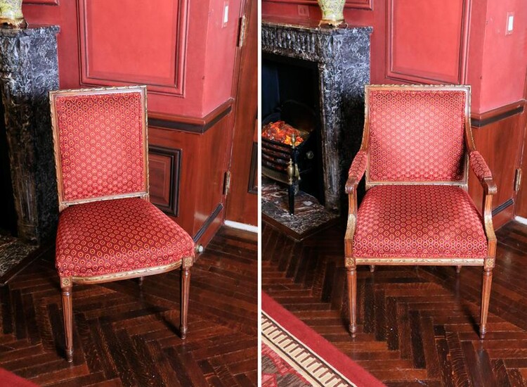 Louis XV style carved fruitwood dining chairs with red
