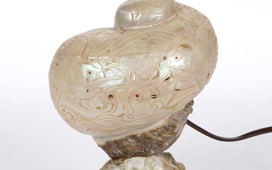MOTHER-OF-PEARL CARVED NAUTILUS SHELL LAMP WITH PHOENIX DESIGN