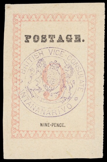 Madagascar 1886 9d. rose "postage" 29½mm long, stops after "Postage" and value, handstamped "b...