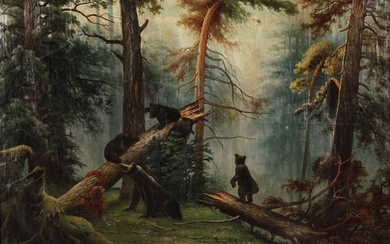 "Matin dans la forêt de pins" d'après Schischkin scène estivale avec des ours grimpant sur...