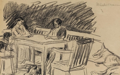 Max Liebermann, 1847 Berlin – 1935 ebenda, GARTEN IN WANNSEE – DIE FRAU UND DIE TOCHTER DES KÜNSTLERS AM GARTENTISCH, UM 1914