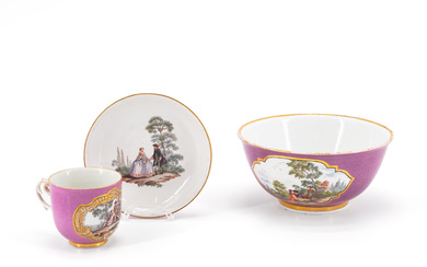 Meissen | PORCELAIN SLOP BOWL, CUP WITH SAUCER AND PURPLE GROUND AND GALLANT PARK SCENES