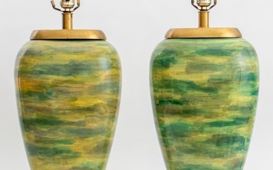 Mod Style Polychromed Ceramic Urn Lamps, Pair