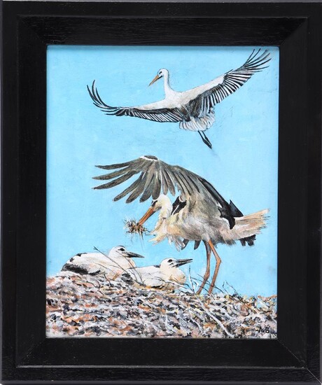 (-), Monogram AvB, stork with young on nest,...