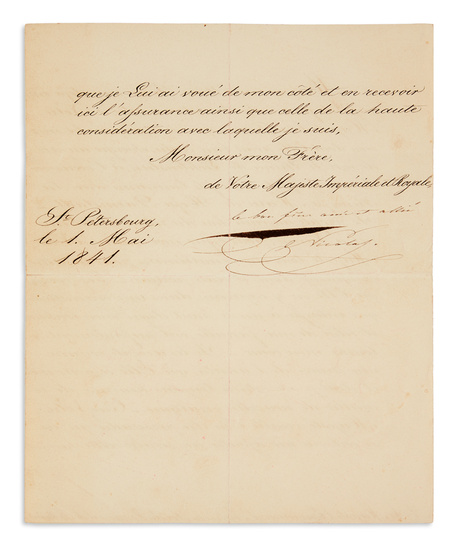 NICHOLAS I; EMPEROR OF RUSSIA. Letter Inscribed and Signed, "the good brother, friend...