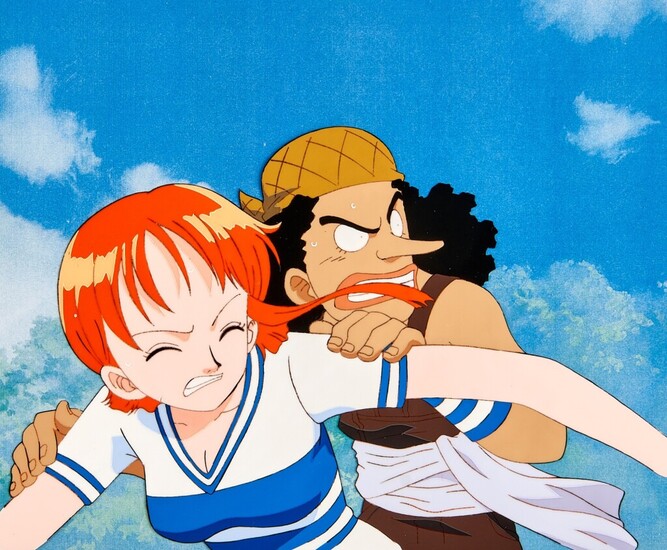 Lot-Art | Nami and Usoppu Animation Cel with Douga and Printed Background |  娜美和騙人布賽璐璐，附線稿及印刷背景, One Piece by Toei Animation Co., Ltd.