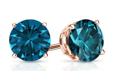Natural 1.50 CTW Blue Diamond Stud Earrings 14K Rose Gold