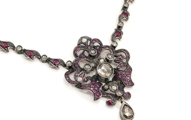 Necklace with rubies and diamonds , YG/silver, approx....