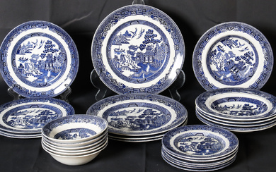 Nineteen Johnson Brothers Blue Willow dinner plates in three sizes,...