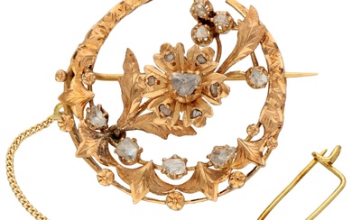 No Reserve - 18K Rose gold antique crescent brooch with rose cut diamond.