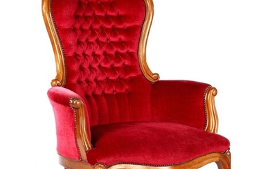 (-), Walnut Biedermeier arm chair with burgundy red...