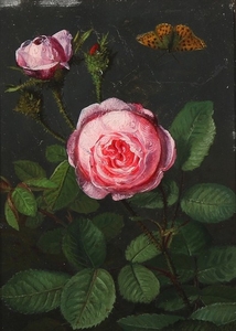 O. D. Ottesen: Pink roses and a butterfly. Signed O. D. Ottesen. Oil on panel. 22×16 cm.