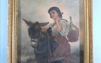 Old oil on canvas of Spanish woman and donkey in gold frame